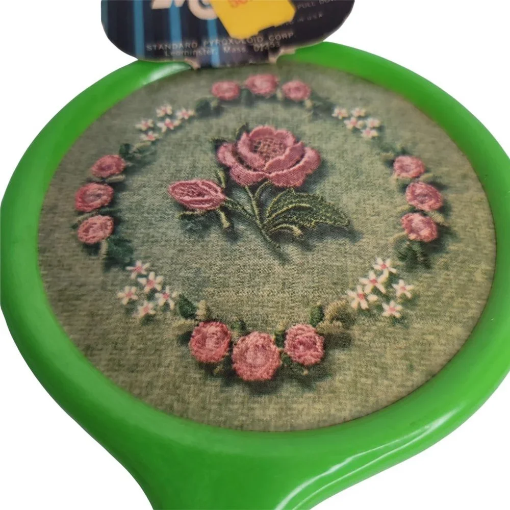 VINTAGE Mid-Century Green & Pink Floral Plastic Handheld Vanity Mirror w Tags!